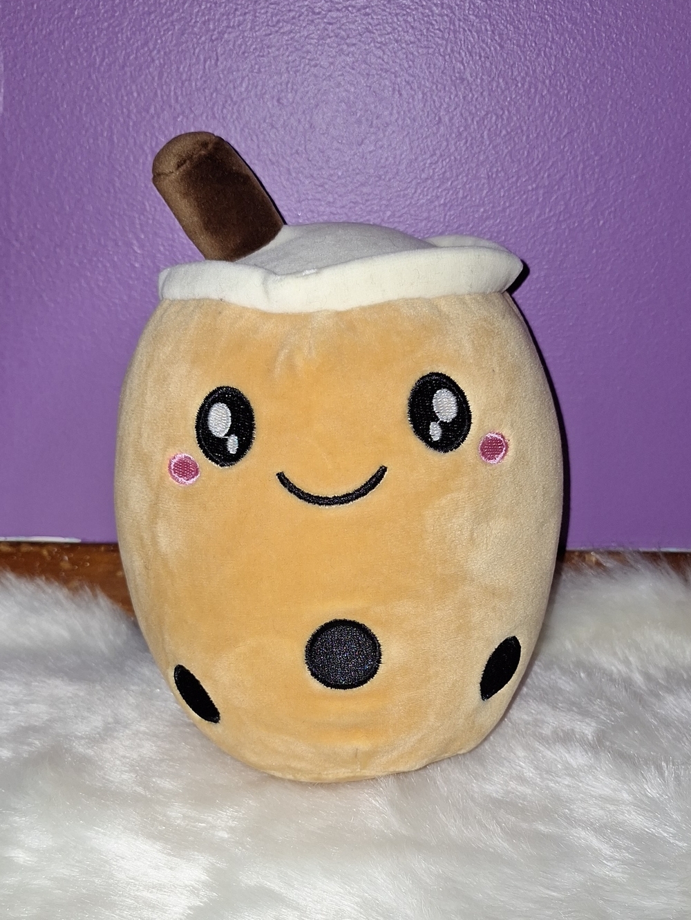 Kawaii Bubble Tea Plush with Smiling Face — Tan, White & Black